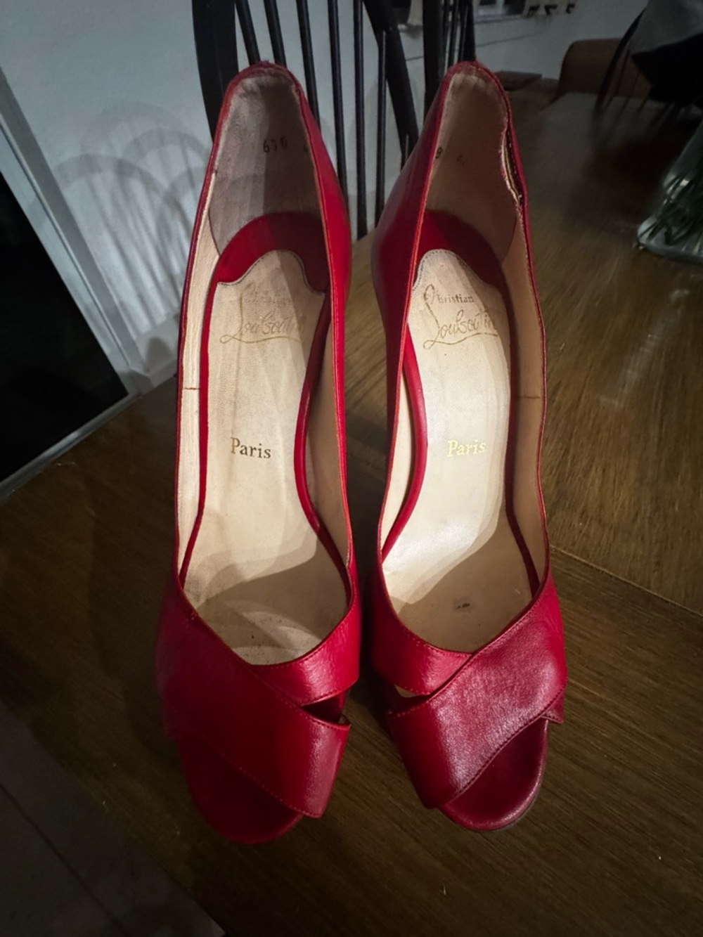 Christian Louboutin Red Peep-Toe Crossover Leather Pumps